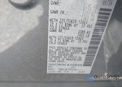 2019 Nissan Rogue Sl z USA, uszkodzony, nr VIN 5N1AT2MV3KC830840